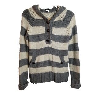 Vtg Y2K J Crew Womens Gray Ivory Stripe Hooded Sweater MEDIUM Pockets